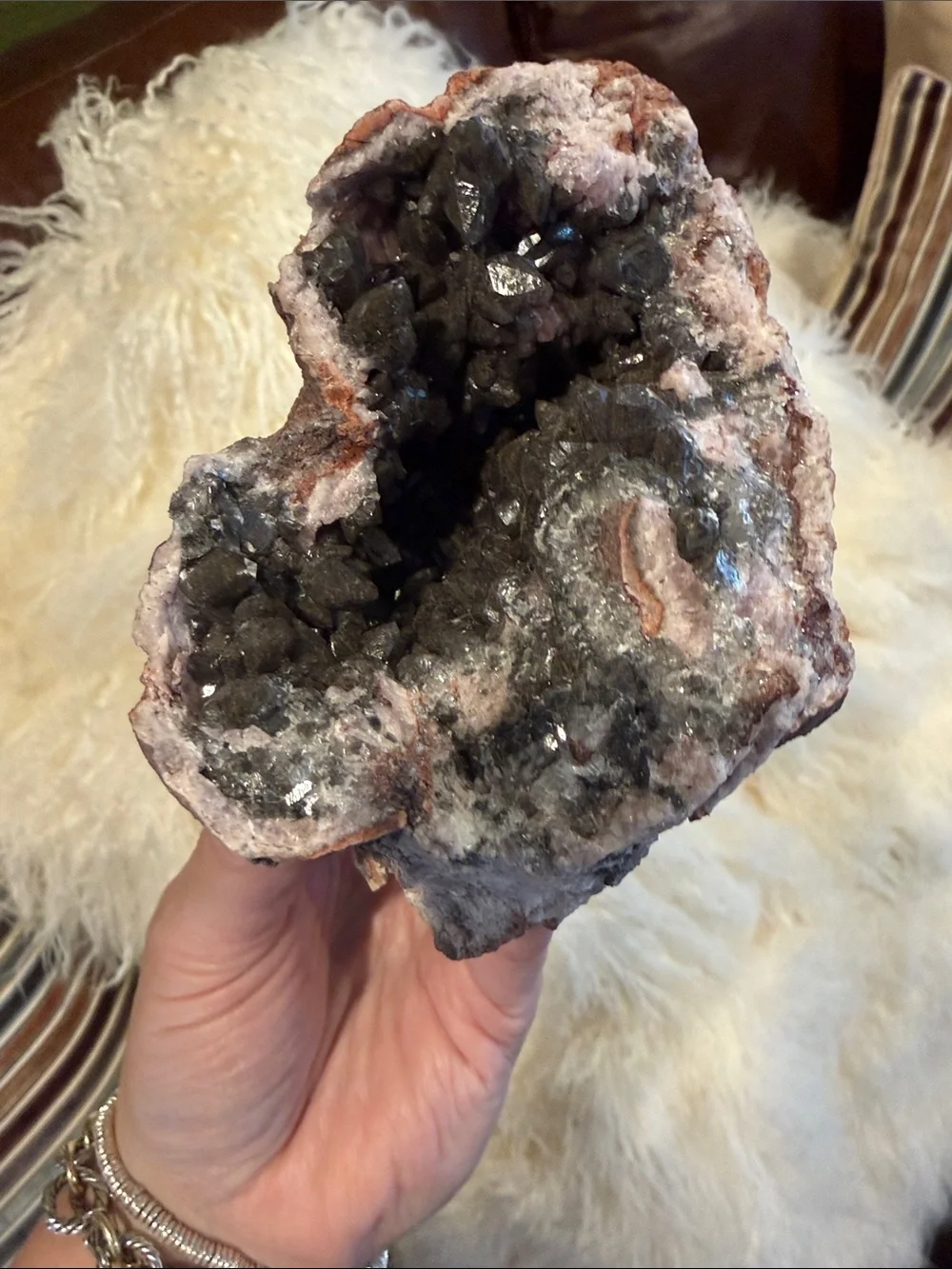 Pink Amethyst and Smoky Quartz Geode with Pink Matrix - Picture 9 of 12